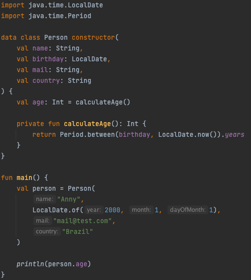 Code example of a data class in Kotlin, with several other variables included in the constructor.