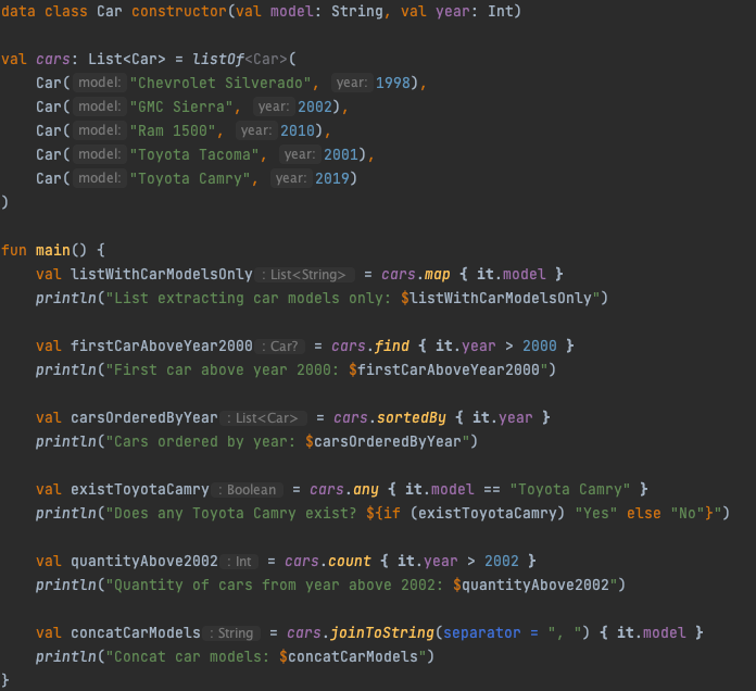 Code showing the use of collection methods in Kotlin.
