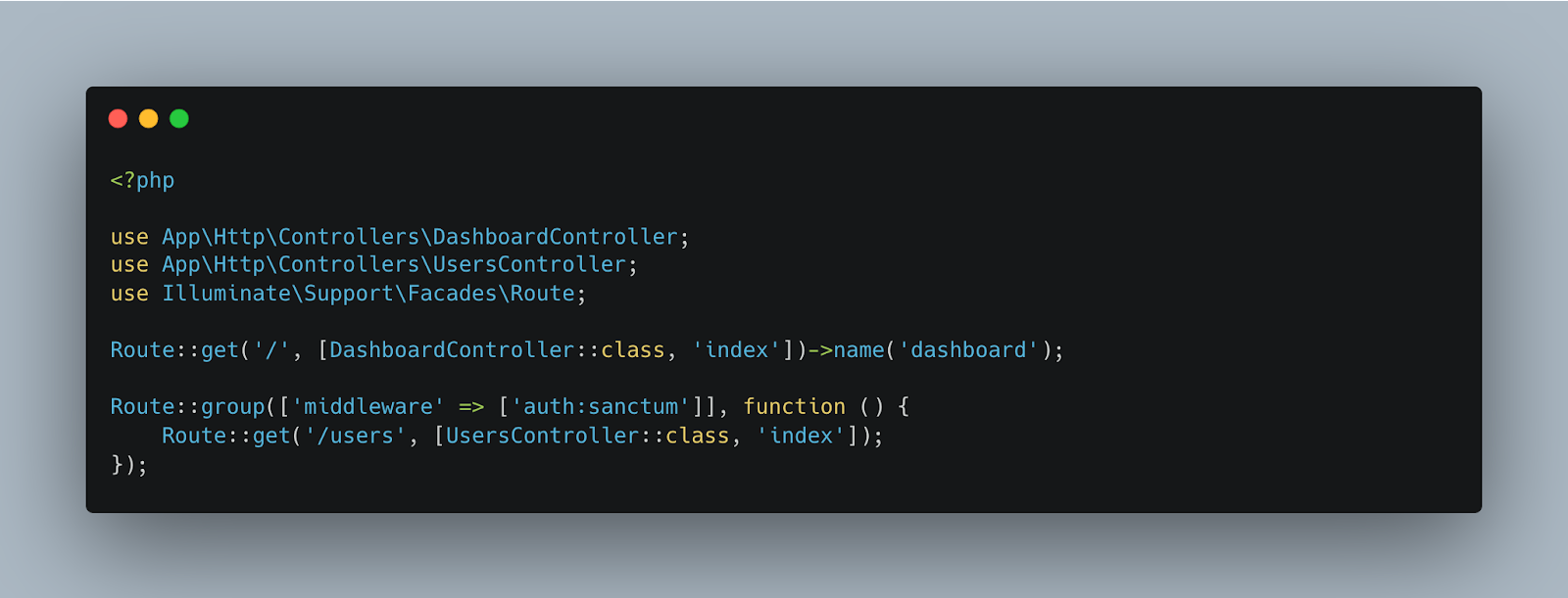 Code defining two routes in Laravel—one for a dashboard that does not require authentication, and another for a User index controller that is reserved for authorized users only.