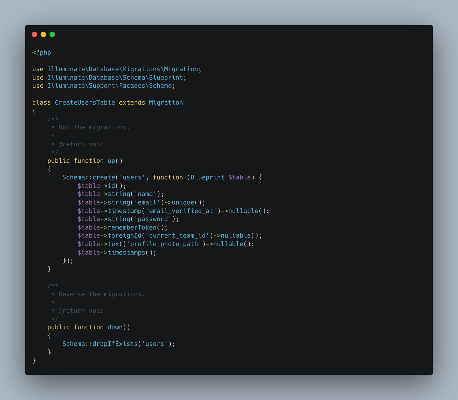 Database migration in Laravel creating a user table with columns for name, email, password, and profile picture.