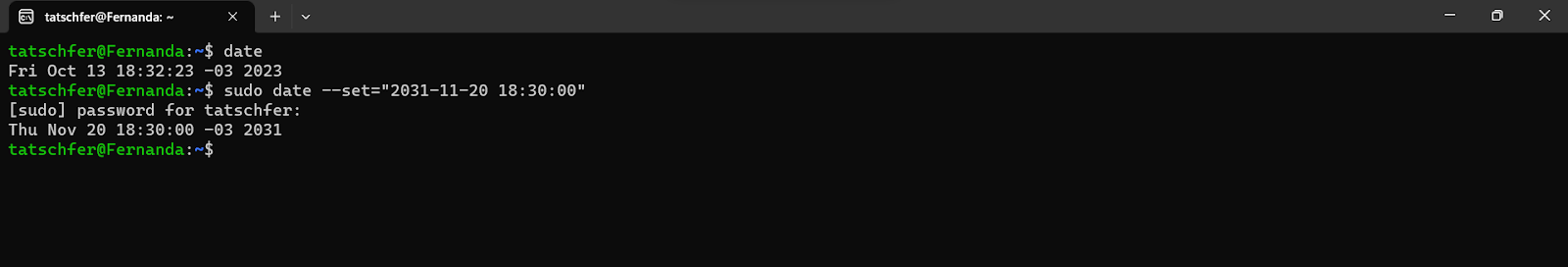 An example of changing a systemâ€™s date in the Linux terminal.