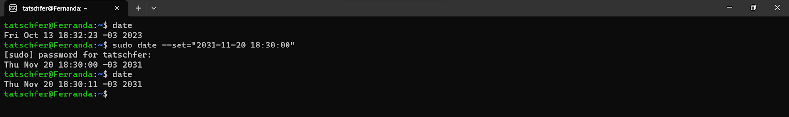 An example of changing a systemâ€™s date in the Linux terminal.