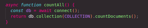 ode used for collection searching and the return of the entered ID, followed by a full count of collections in MongoDB.
