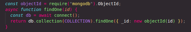 ode used for collection searching and the return of the entered ID, followed by a full count of collections in MongoDB.