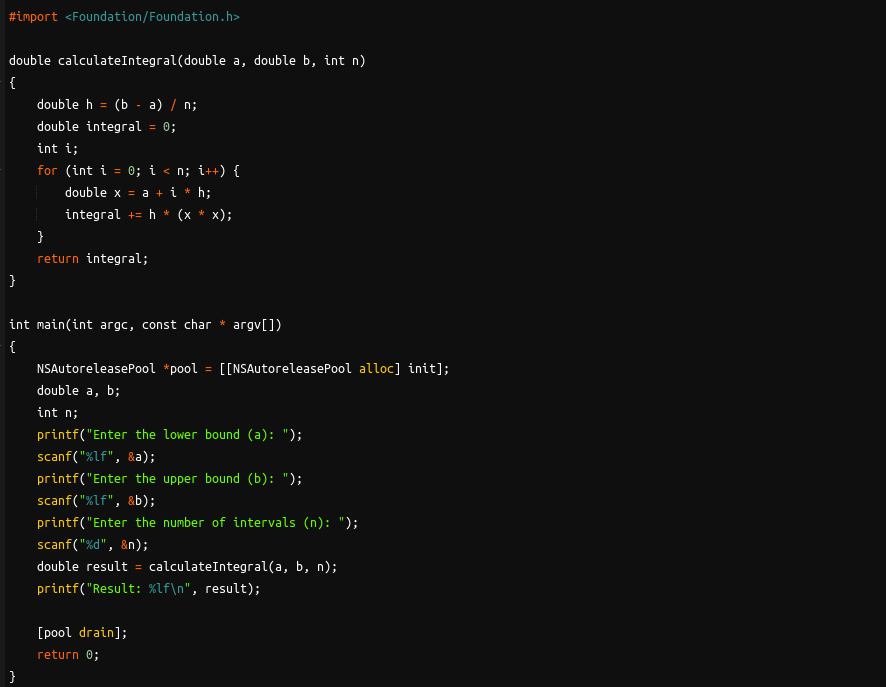 Code showing an application that calculates an approximation of the definite integral of the function f(x) = x^2 over the interval [a, b] using the rectangle method.