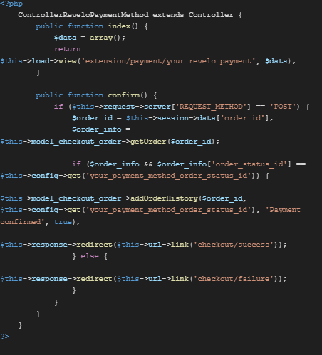 Controller code for a custom payment method orchestrating payment processing in OpenCart checkout.