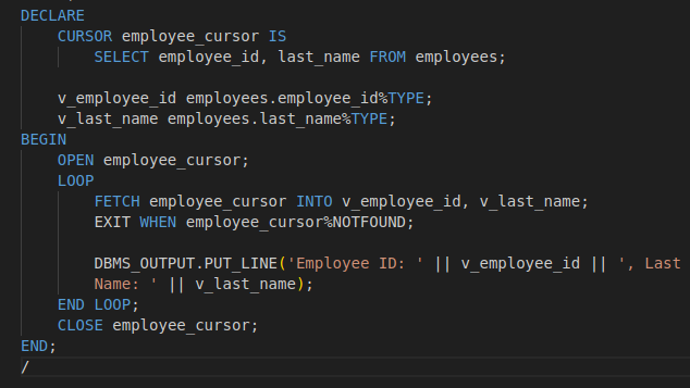 Code that uses a cursor to select employee IDs and last names from an employee table and utilizes a loop to print this information.