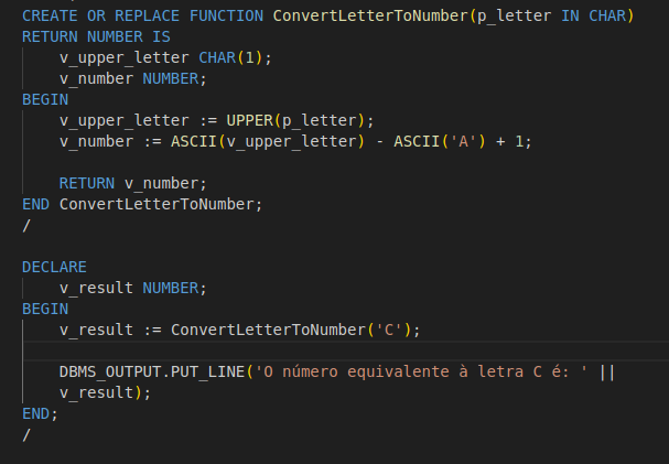 Oracle function named ConvertLetterToNumber that converts a letter to a number, where 'A' is considered as 1, 'B' as 2, and so forth, using the ASCII table.