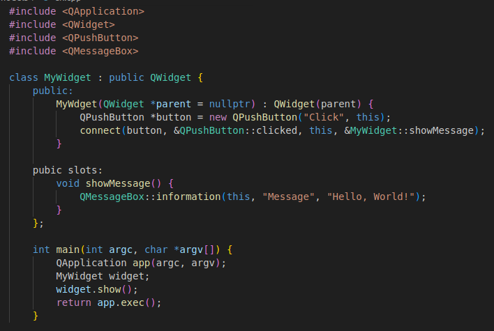 Code that utilizes the Qt graphical library to create a simple desktop application.