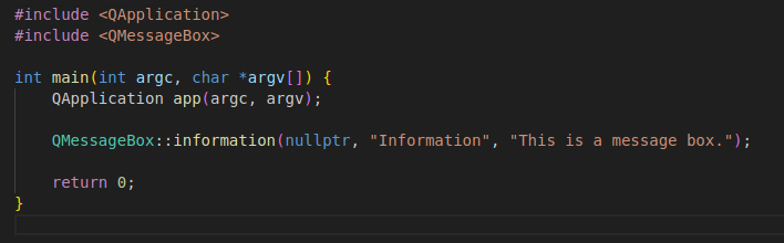 Code that initiates opening an informational message box using QMessageBox in a standalone Qt application.