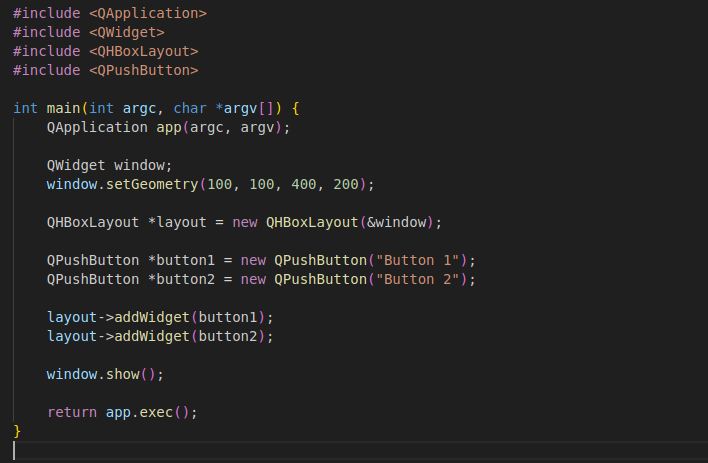 An example of code demonstrating the use of layouts (QHBoxLayout) to arrange multiple buttons horizontally.