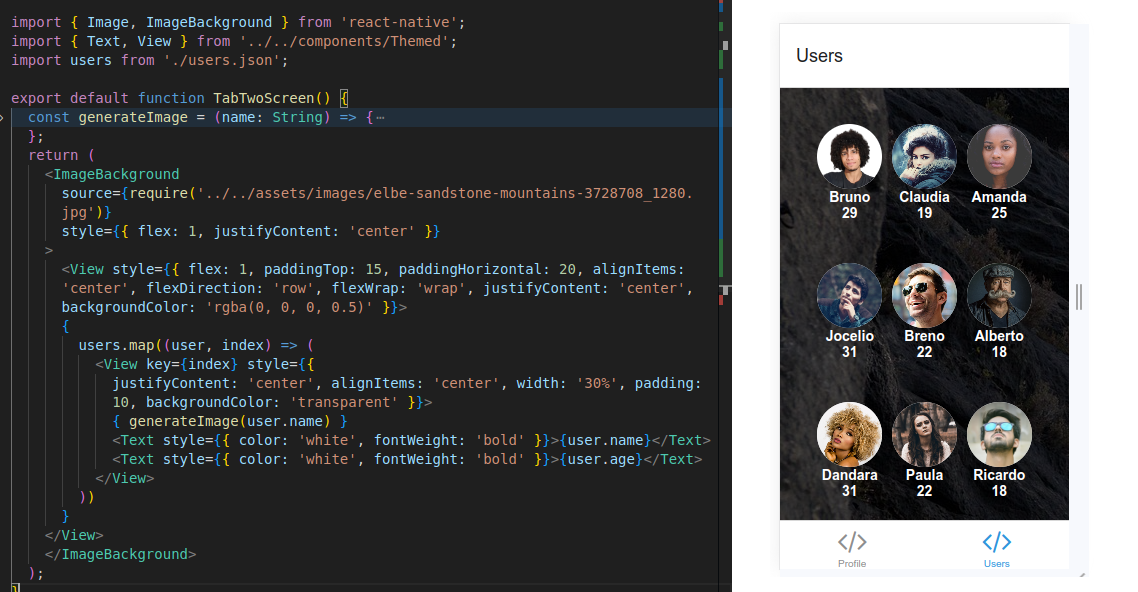 Code using React Native to implement a screen with a list of users taken from a JSON file.