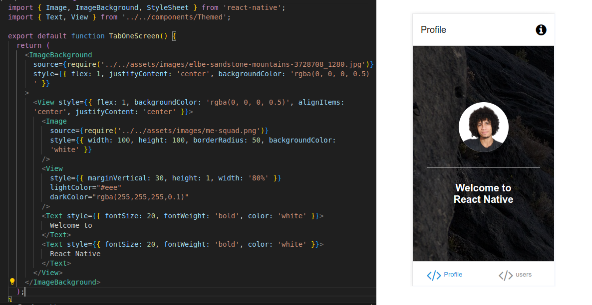 Code creating a profile screen using React Native.