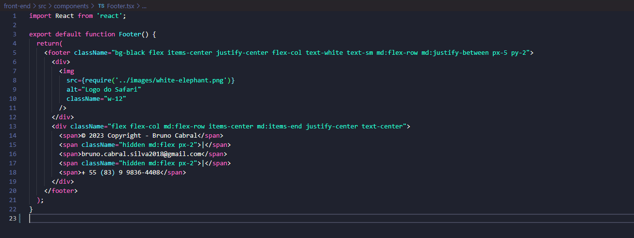Code creating a footer component built with React and styled using Tailwind.