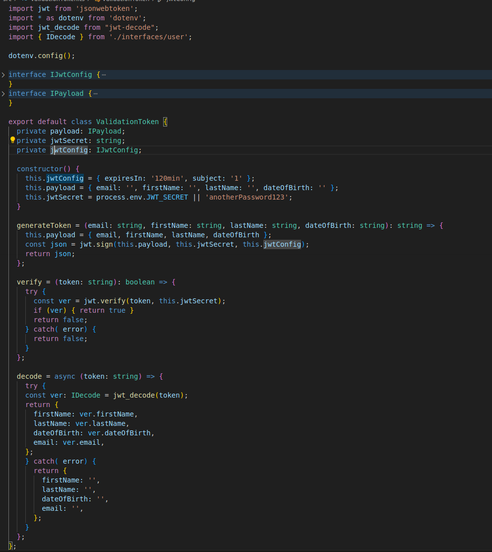 Node.js TypeScript code created for the back-end of a SaaS application, which uses Json Web Token to generate, verify, and decode security tokens for user login.