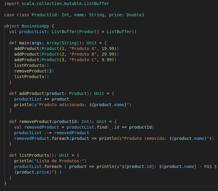 This code displays a product management application that statically simulates the addition, removal, and listing of products. 