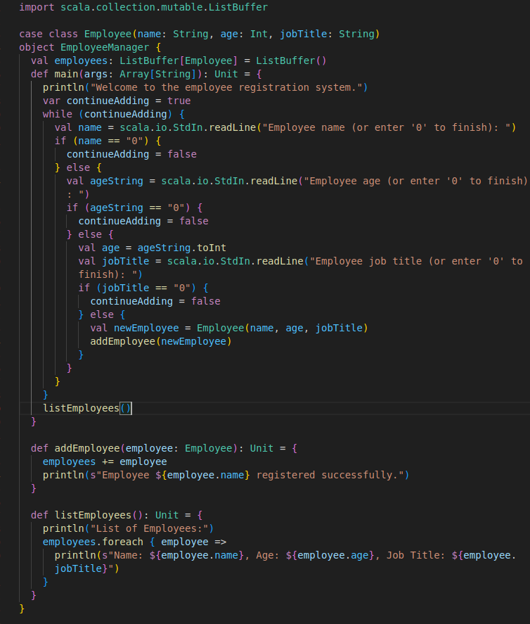 An application that allows employee registration (name, age, and job title) until the user enters 0.