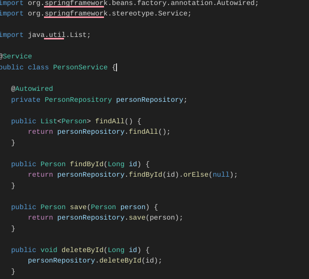 A code example of a service class that implements the business logic for managing the person entities. 