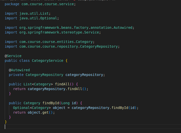 Code showing the service layer of the Category flow that directly connects with the Model layer of the application injected through the @Autowired decorator.