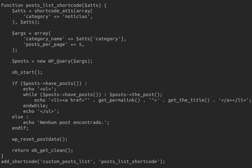 Code creating a shortcode to display a list of posts based on a specific category in WordPress.