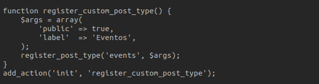 Registration of a custom post type named 'Eventos'.