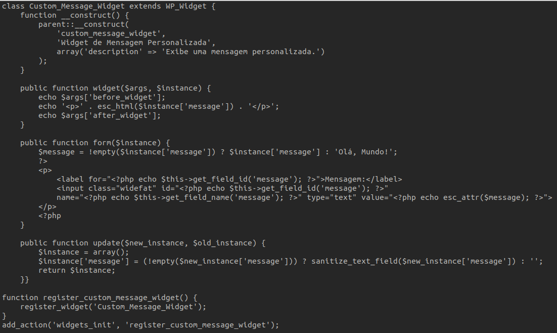 Code creating a custom widget to display a personalized message on a WordPress site.