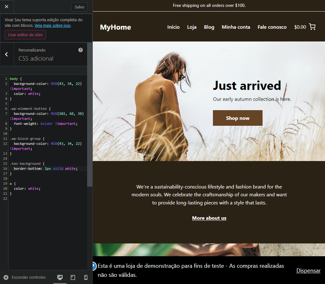 An example of CSS code application in WooCommerce page customization.