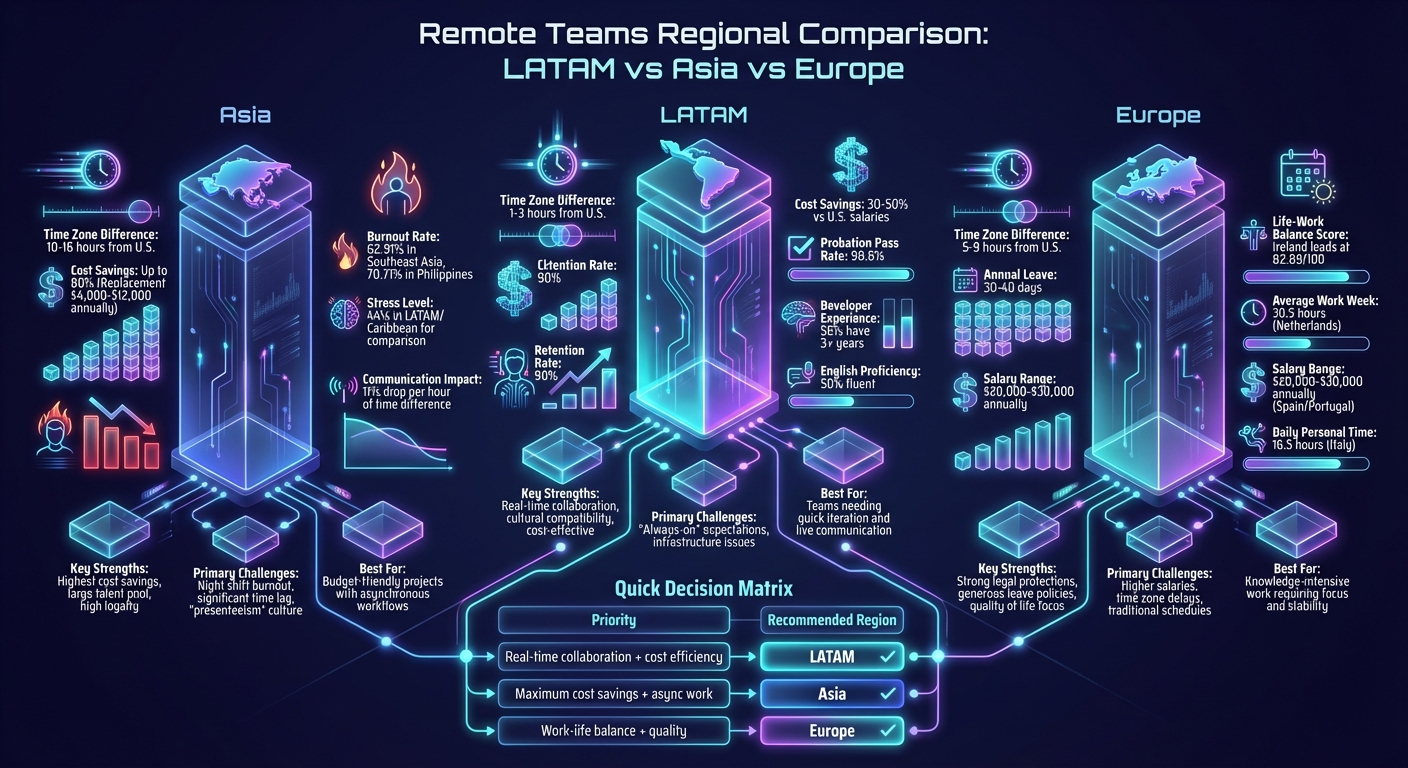 LATAM vs Asia vs Europe Remote Teams: Cost, Time Zones, and Work-Life Balance Comparison