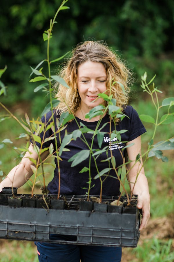 A woman holding a tray of tree saplings whilst smiling