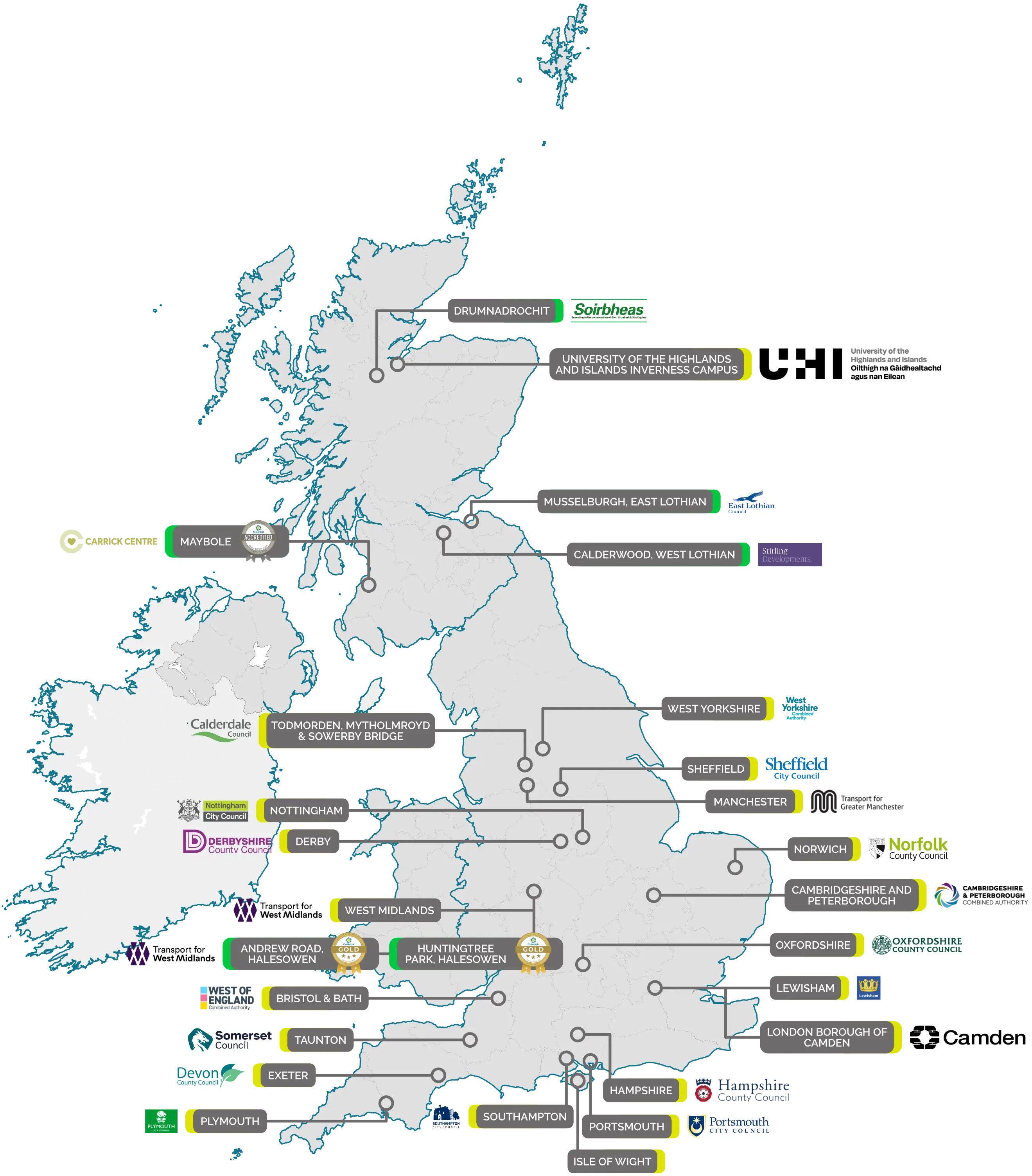 Map showing in development or built mobility hubs across the country