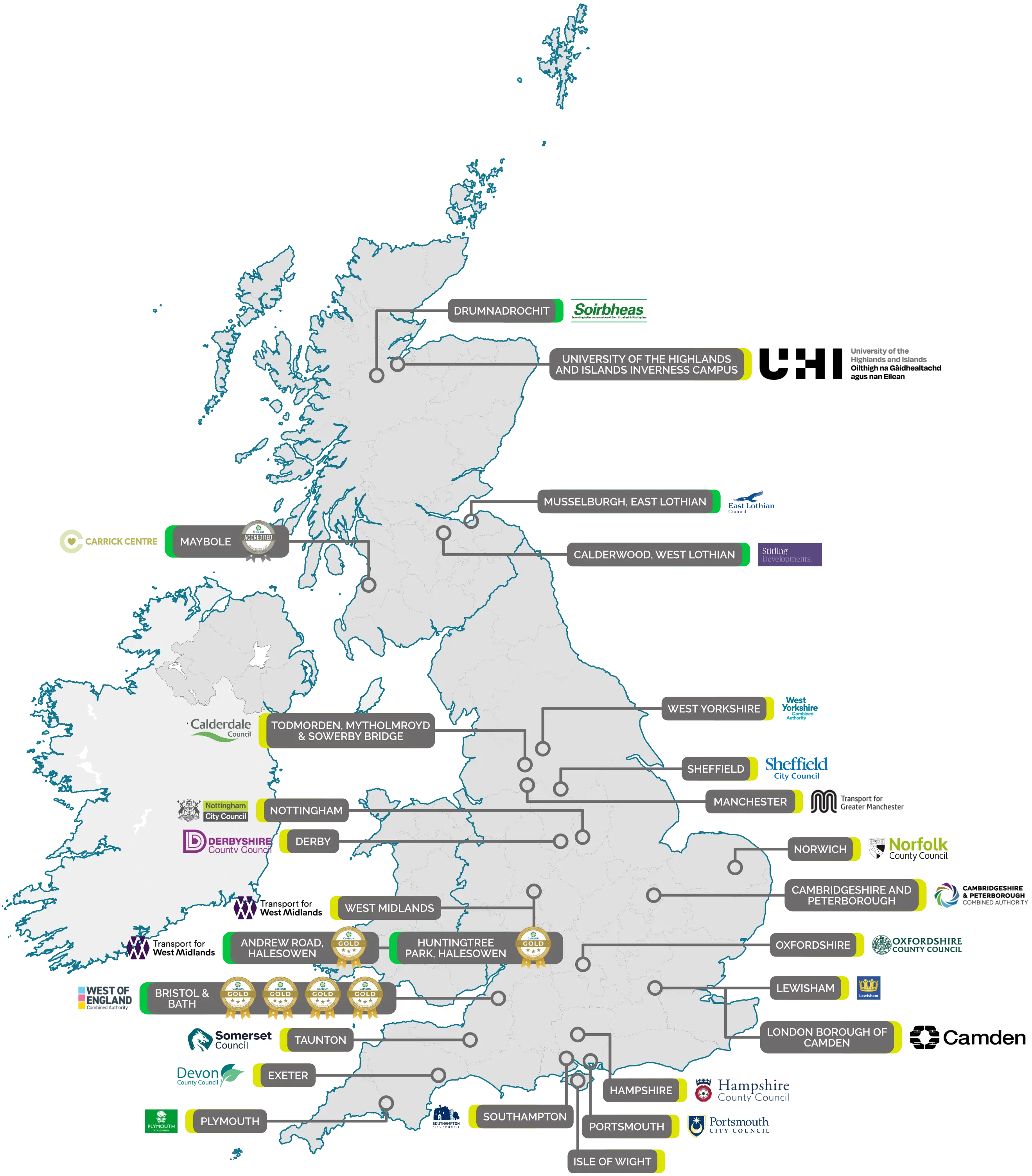 Map showing in development or built mobility hubs across the country
