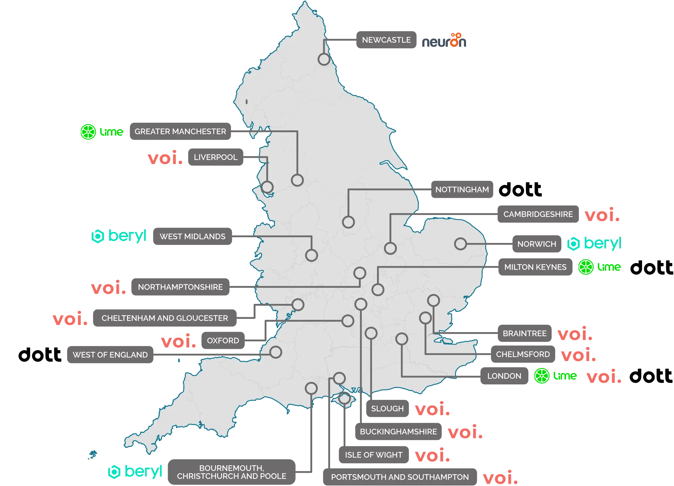 Map showing e-scooter trial locations across the country
