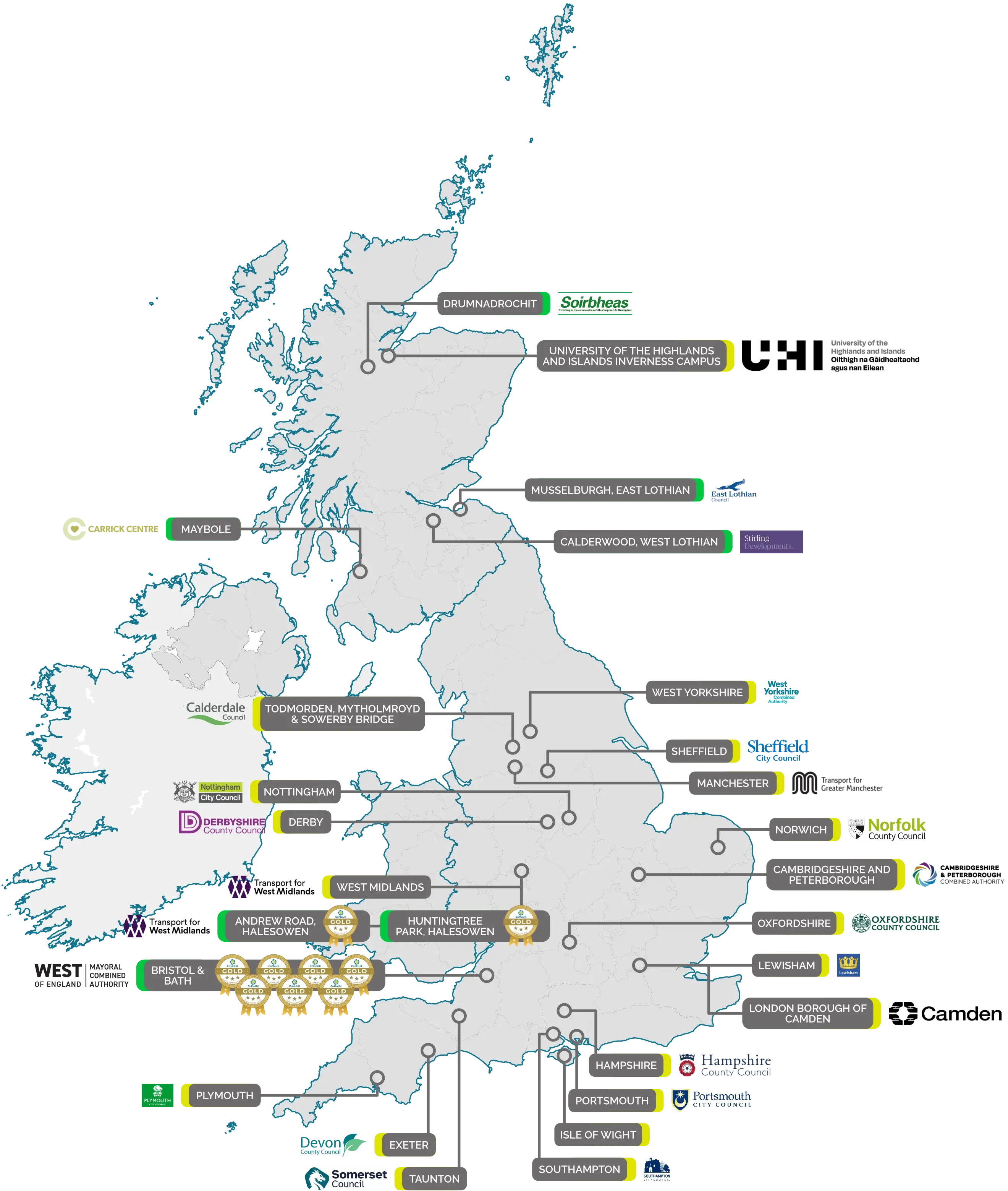 Map showing in development or built mobility hubs across the country