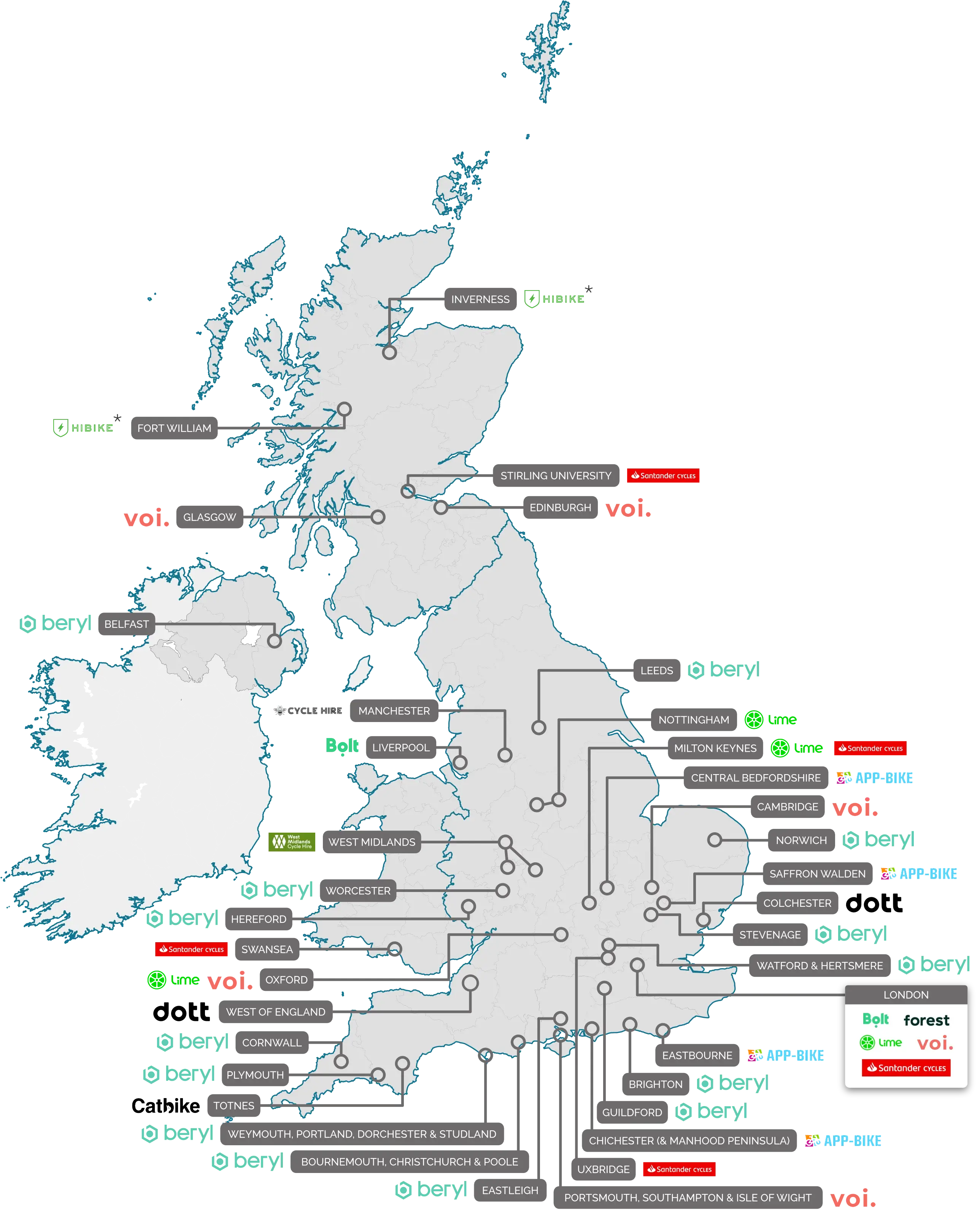 Map showing bike share schemes across the country