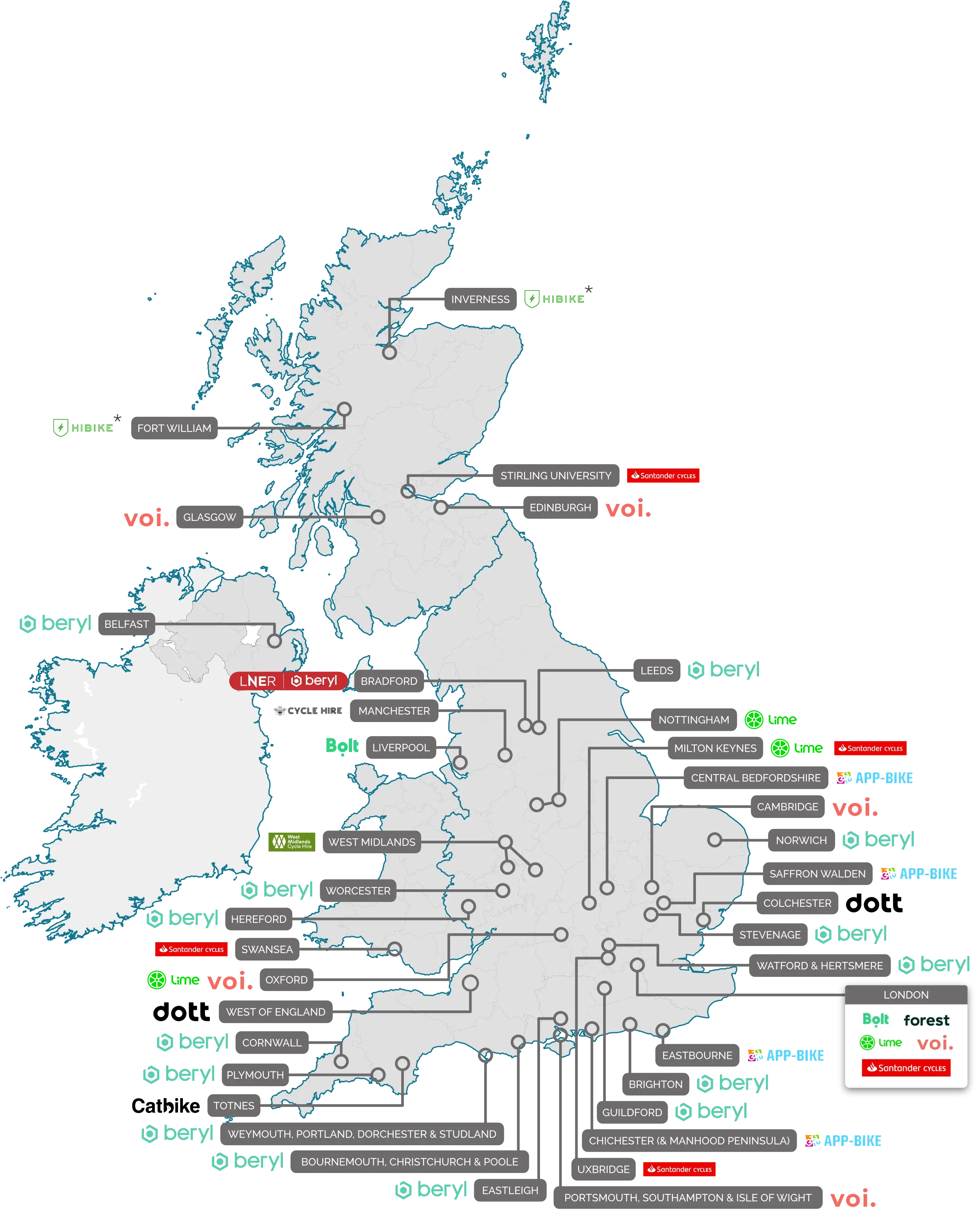 Map showing bike share schemes across the country