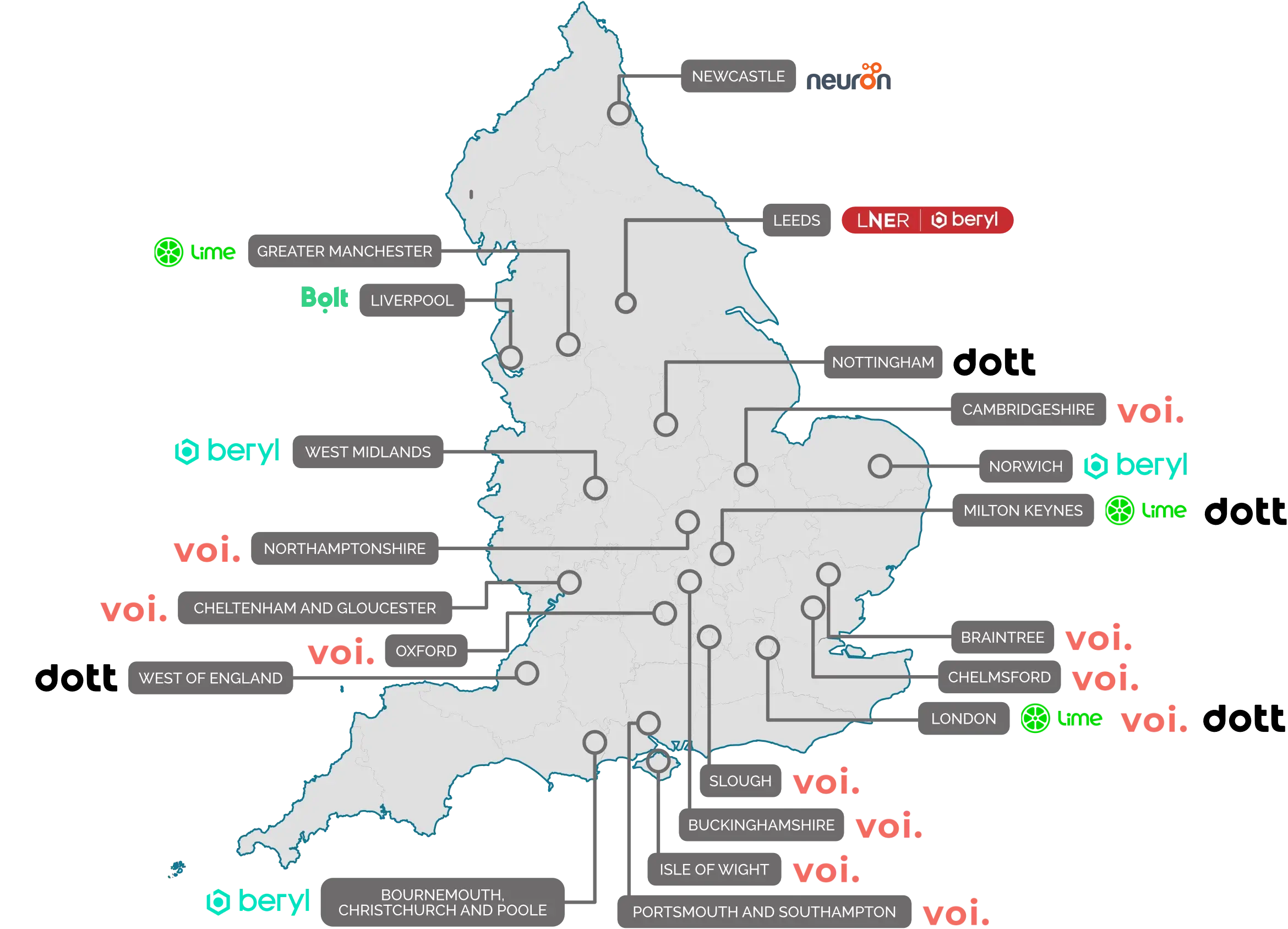 Map showing e-scooter trial locations across the country
