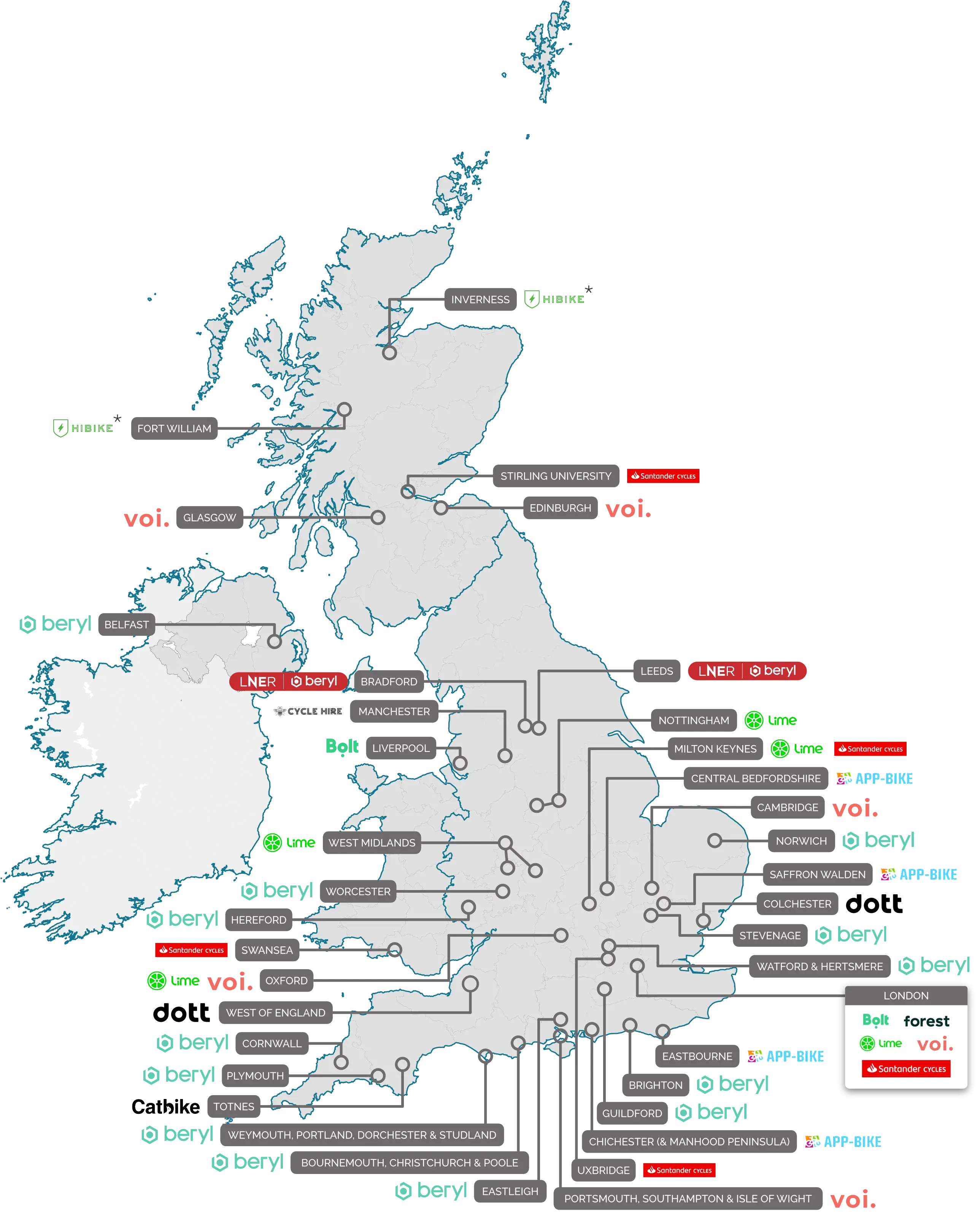 Map showing bike share schemes across the country