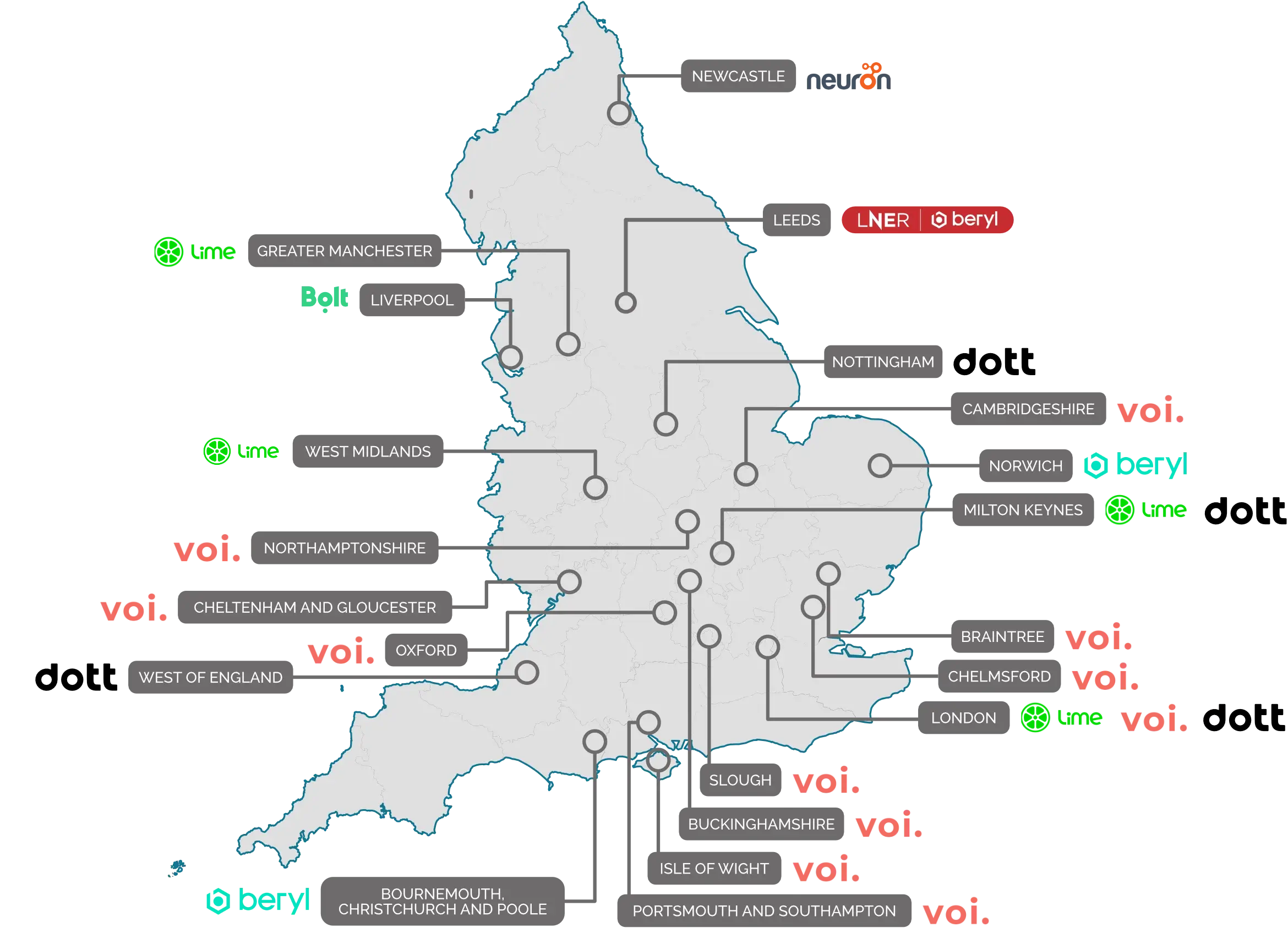 Map showing e-scooter trial locations across the country