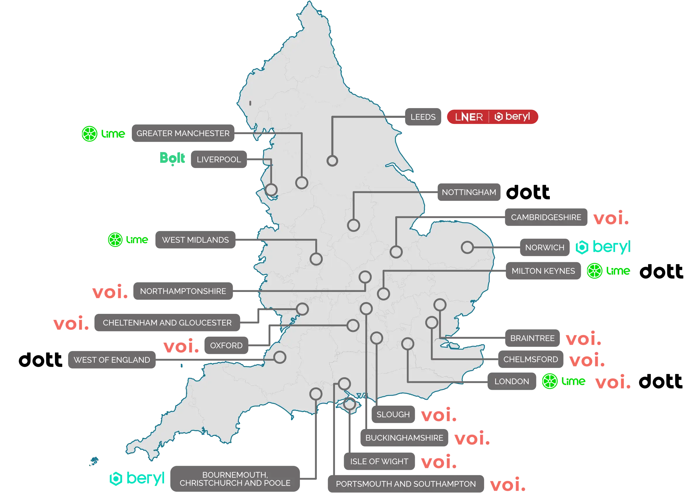 Map showing e-scooter trial locations across the country