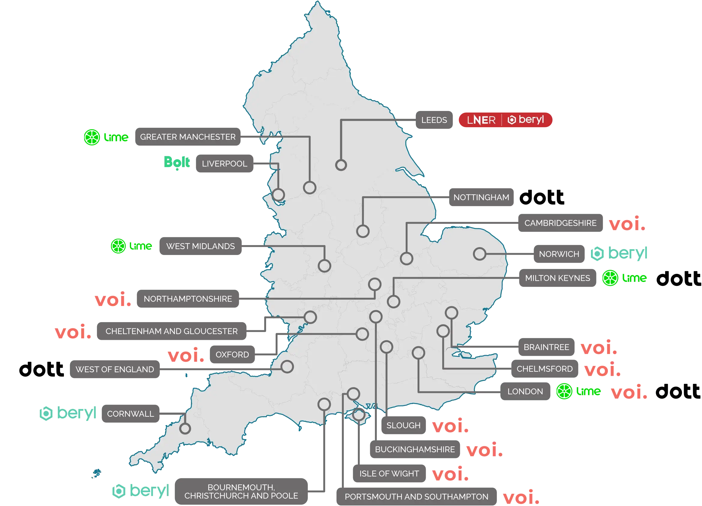 Map showing e-scooter trial locations across the country