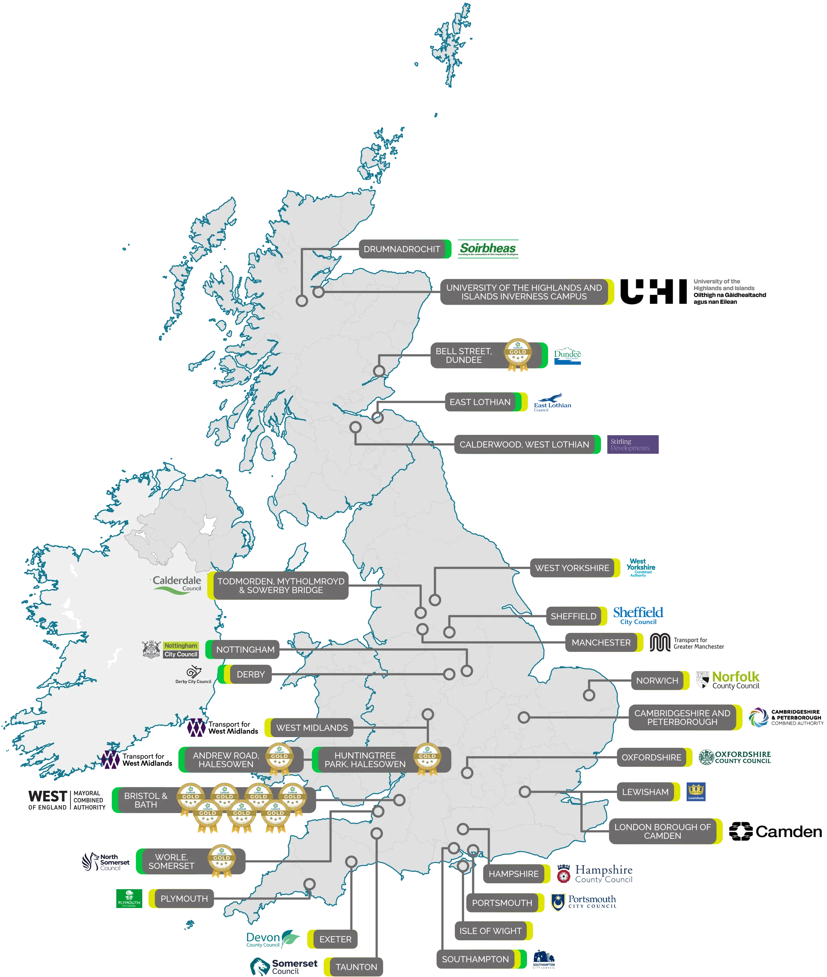 Map of the UK showing various labeled mobility hub locations with council logos and gold awards.