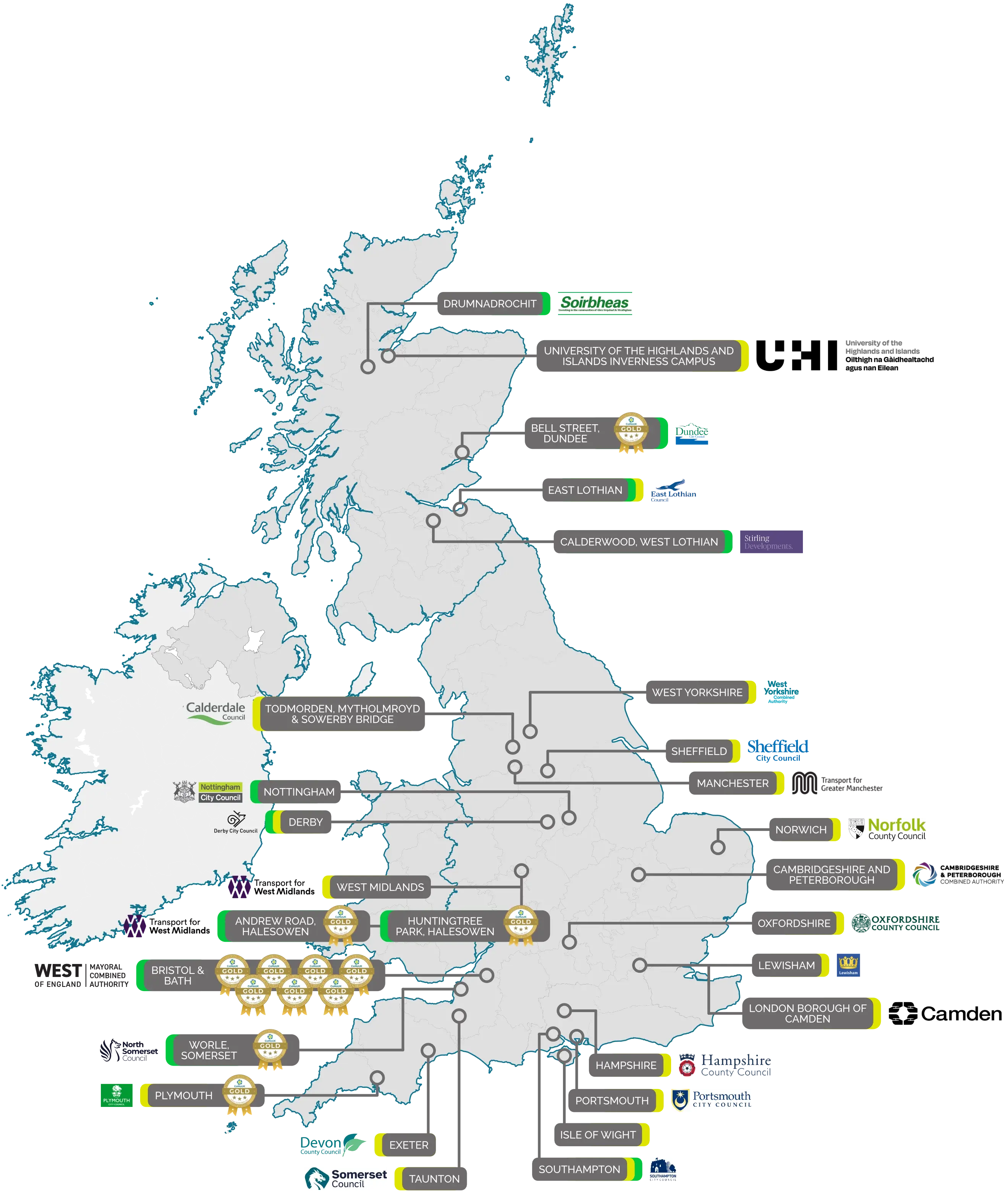 Map showing in development or built mobility hubs across the country