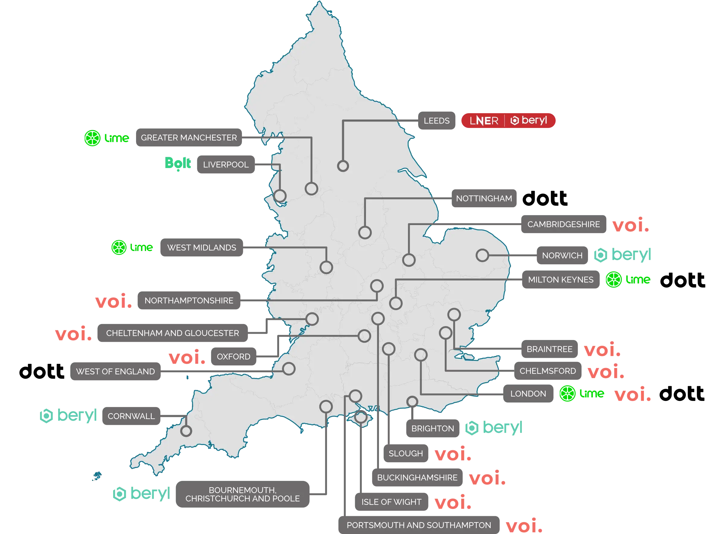 Map showing e-scooter trial locations across the country