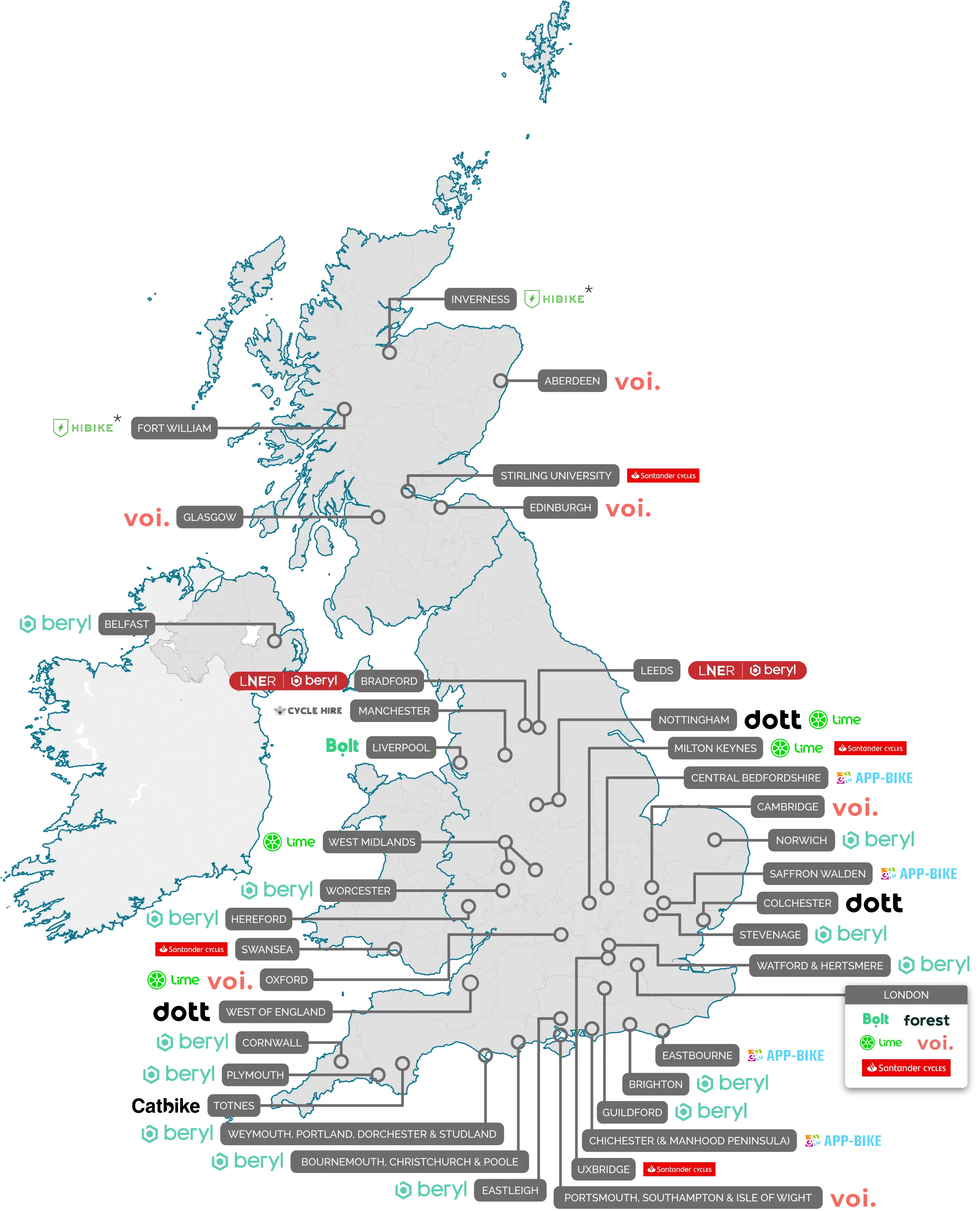 Map showing bike share schemes across the country
