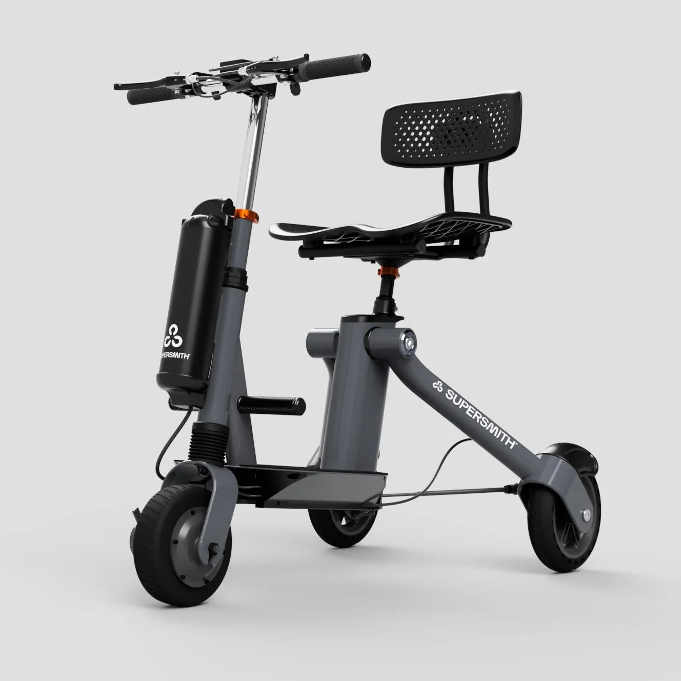 Modern electric e-scooter with a gray frame and black components including a padded seat with backrest, front and rear wheels, and handlebar grips, branded with SUPERSMITH.
