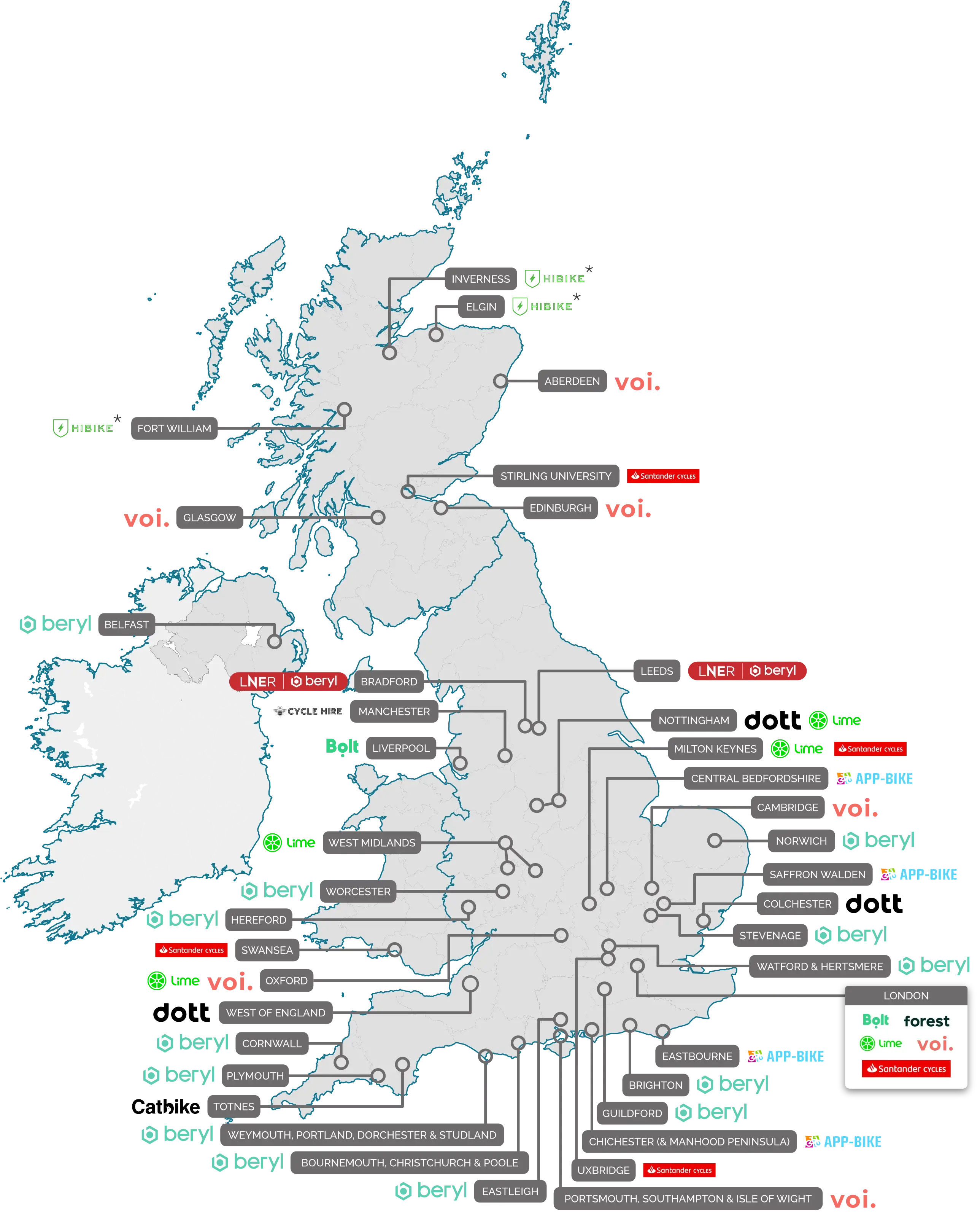 Map showing bike share schemes across the country