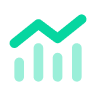 Icon of a turquoise bar chart with four vertical bars and a line graph with two peaks above the bars.