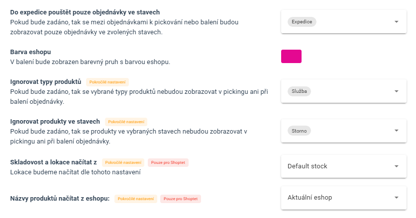 Možnost definovat, ze kterých stavů se jen expeduje, ignorování něktěrých typů produktů