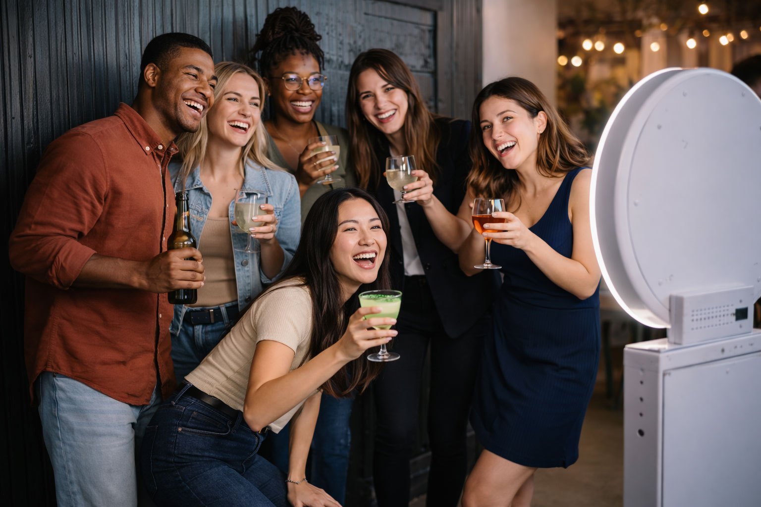 A group of guests laughing and posing together at a modern photo booth activation during a corporate event.