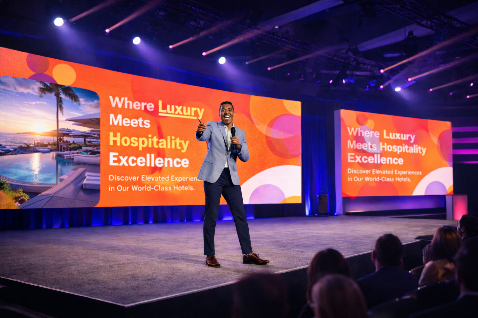 A professional event host commanding a corporate conference stage in front of a large branded audience.